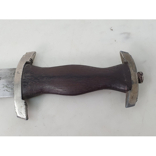 749 - A WWII SA Dagger in brown scabbard with wooden grip lacking emblem, blade engraved 'RZM M7/85'