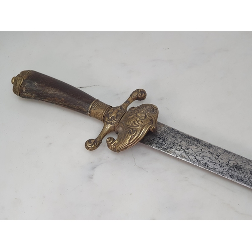 753 - An antique Continental Hunting Side Arm with blade etched deer hunting scene with brass T-guard and ... 