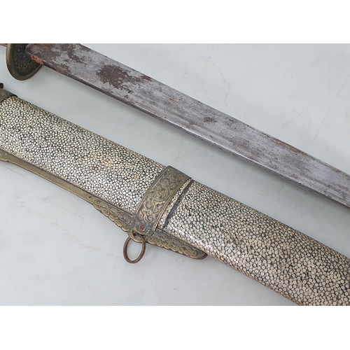 758 - A 19th Century Chinese Short Sword with brass mounted shagreen scabbard, leafage engraved brass guar... 