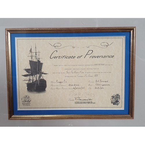 765 - Three framed copper Pins from HMS Victory with Certificate of Provenance from the 'Save the Victory ... 