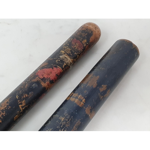 827 - Two 19th Century painted Police Truncheons with worn details and ribbed unpainted grips 1ft 4in L an... 