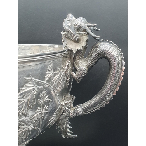 91 - An Impressive Chinese Silver Presentation Trophy with ornate flowering shrub and insect decoration, ... 