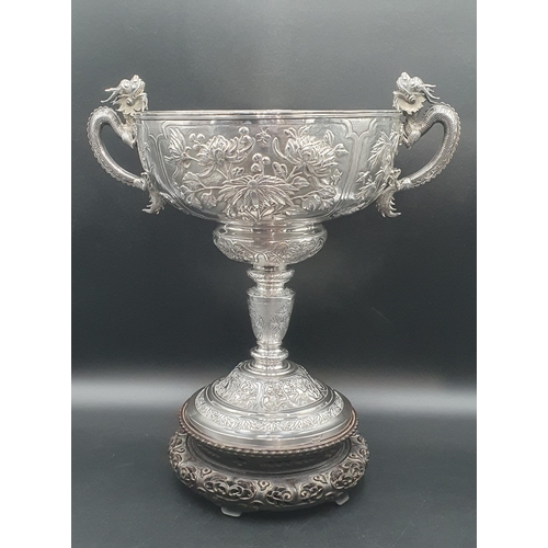 91 - An Impressive Chinese Silver Presentation Trophy with ornate flowering shrub and insect decoration, ... 