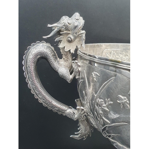 91 - An Impressive Chinese Silver Presentation Trophy with ornate flowering shrub and insect decoration, ... 