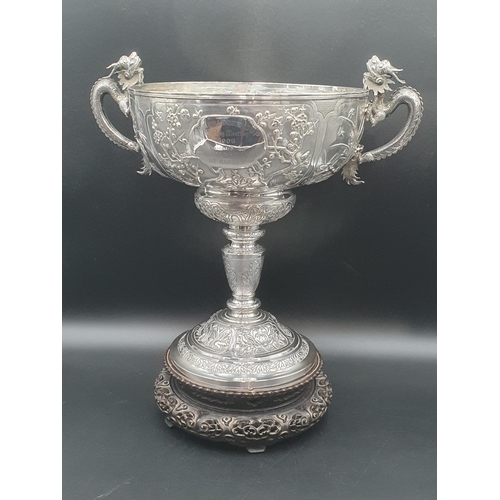 91 - An Impressive Chinese Silver Presentation Trophy with ornate flowering shrub and insect decoration, ... 