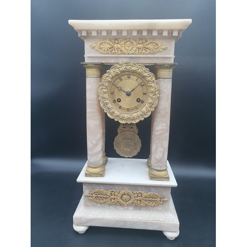 461 - A 19th Century French Portico Clock with gilt-metal drum dial having engine turned centre and floral... 