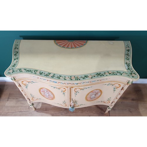 505 - An Edwardian serpentine fronted, painted two door Cupboard, with floral and scrolled borders and a p... 