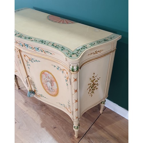 505 - An Edwardian serpentine fronted, painted two door Cupboard, with floral and scrolled borders and a p... 