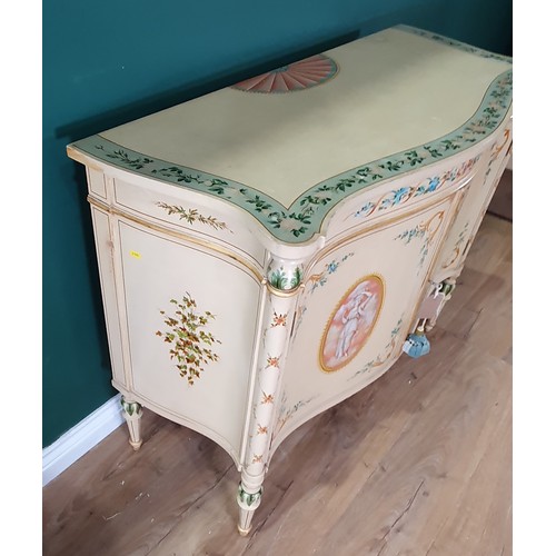 505 - An Edwardian serpentine fronted, painted two door Cupboard, with floral and scrolled borders and a p... 