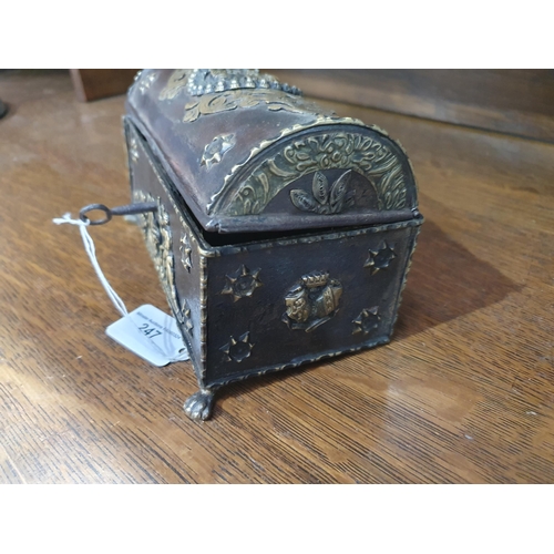 247 - An 18th Century Italian dome topped metal Casket with relief brass designs of Gladiatorial scenes an... 