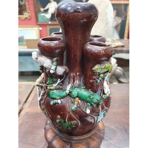 307 - A brown glazed Chinese five necked Vase with applied coloured Squirrel and Vine decorations, with si... 