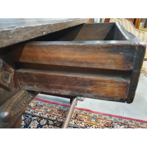 602 - A 17th Century and later oak Side Table with cleated two plank top above single drawer carved with s... 