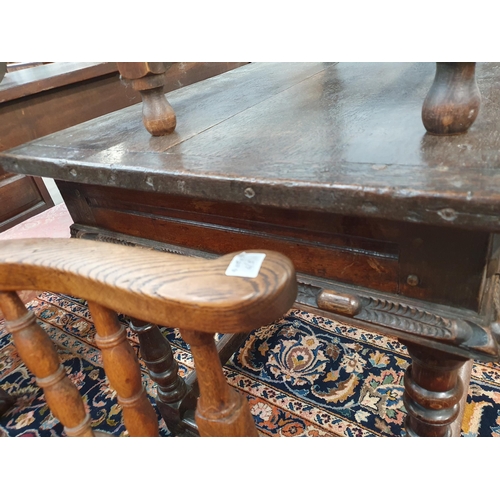 602 - A 17th Century and later oak Side Table with cleated two plank top above single drawer carved with s... 