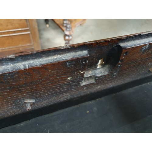 528 - An 18th Century oak Dresser Base with raised back, fitted four crossbanded frieze drawers on turned ... 