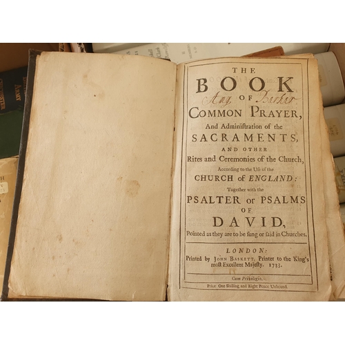 126 - A box of antique Books including 'The Book of Common Prayer', published by John Baskett, 1733; 'The ... 