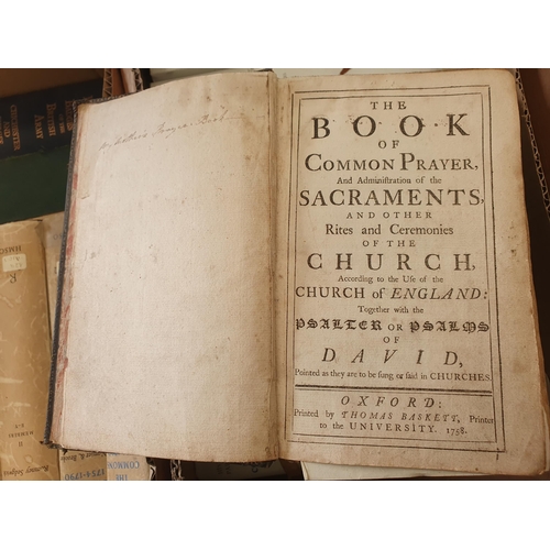 126 - A box of antique Books including 'The Book of Common Prayer', published by John Baskett, 1733; 'The ... 