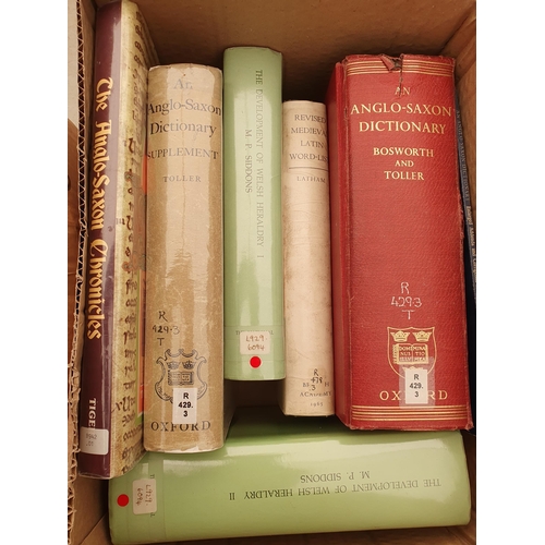 68 - Two boxes of Books; Anglo-Saxon and Medieval interest including; BOSWORTH & TOLLIER, 'An Anglo-Saxon... 