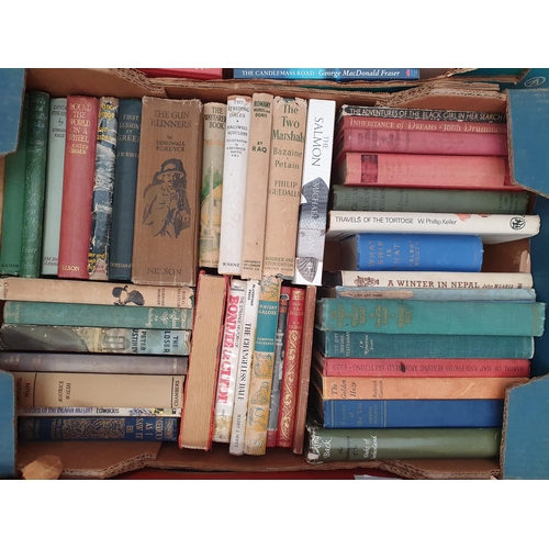 92 - Four boxes of George Macdonald Frazer Novels, Military History, other Novels, etc.