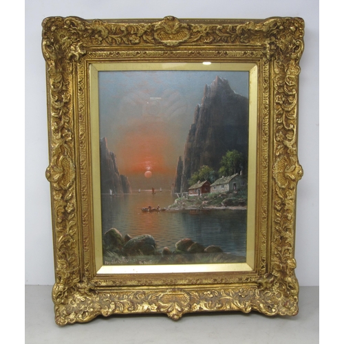 407 - NILS HANS CHRISTIANSEN . Fjord scene at sunset, signed, oil on board, 12 x 8 3/4 in