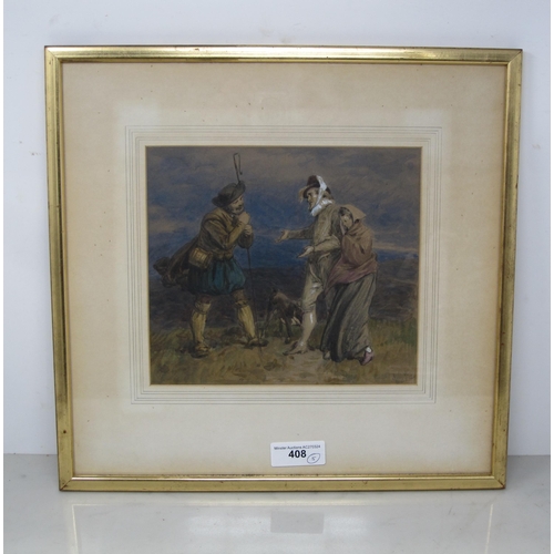 408 - JOHN DAWSON WATSON. Travellers conversing, signed with initials, watercolour, 7 1/2 x 8 1/2 in and f... 