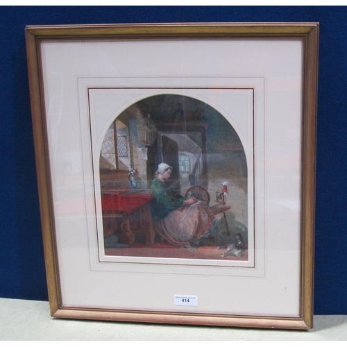 414 - G.G. (?). At a spinning wheel, indistinctly signed and dated 69, watercolour with touches of white, ... 