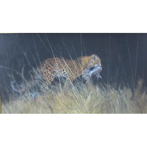 418 - MATTHEW HILLIER. Leopard with its Prey, signed, mixed media on board, 14 x 24 in