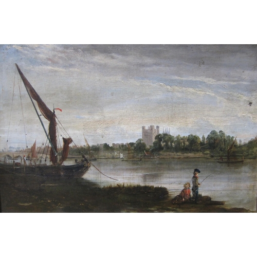 421 - ENGLISH SCHOOL CIRCA 1850. A river landscape with children on a bank in the foreground, with distant... 