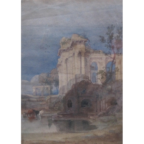 422 - CIRCLE OF JOHN SELL COTMAN. Cattle drinking at a Pond by ruins, watercolour, 11 x 8 in