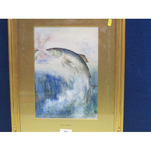 424 - WILLIAM E. POWELL. Salmon jumping a waterfall, signed and dated 27, watercolour heightened with whit... 