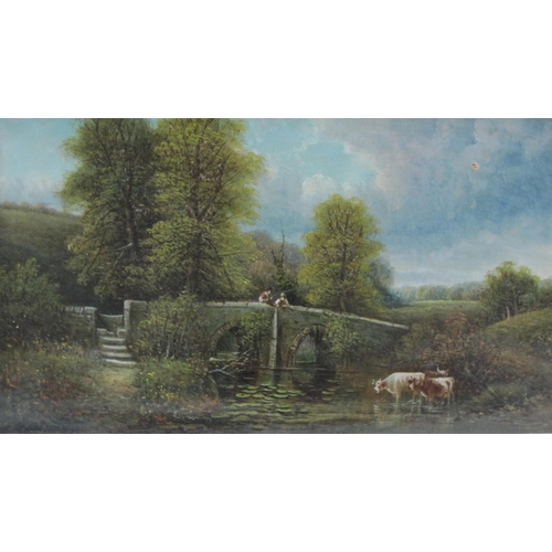 428 - GEORGE HARRIS. By a Footbridge; and Cattle watering by a Bridge, signed, oil on canvas, 12 x 19 in, ... 