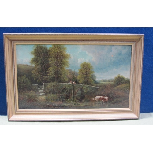 428 - GEORGE HARRIS. By a Footbridge; and Cattle watering by a Bridge, signed, oil on canvas, 12 x 19 in, ... 