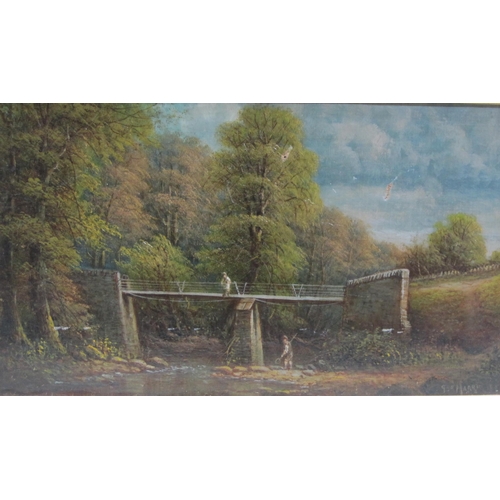 428 - GEORGE HARRIS. By a Footbridge; and Cattle watering by a Bridge, signed, oil on canvas, 12 x 19 in, ... 