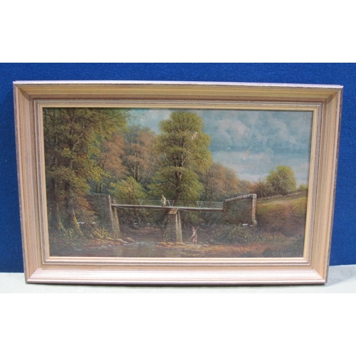 428 - GEORGE HARRIS. By a Footbridge; and Cattle watering by a Bridge, signed, oil on canvas, 12 x 19 in, ... 