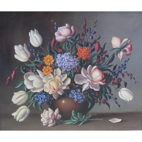 430 - JAMES NORTH. A still life of spring flowers in a vase, signed, oil on canvas, 20 x 24 in; and an oil... 