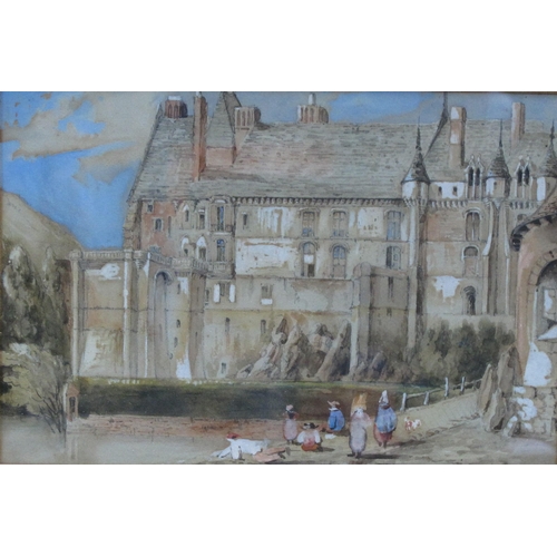 434 - MANNER OF SAMUEL PROUT. Figures by a moat, a chateau beyond, watercolour, 6 1/2 x 9 1/2 in; a waterc... 