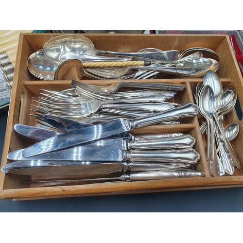 104 - A part Set of plated Cutlery, a Cigar Case engraved crest, four Egg Cups on Stand, and four boxed Se... 