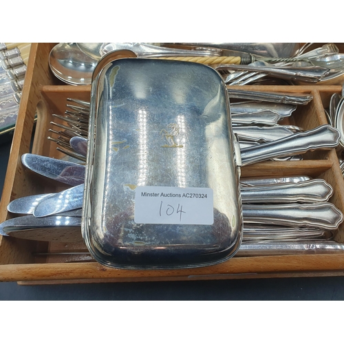 104 - A part Set of plated Cutlery, a Cigar Case engraved crest, four Egg Cups on Stand, and four boxed Se... 