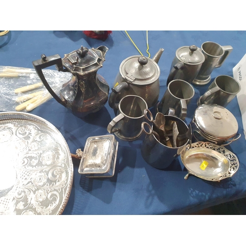 105 - Plated Items: two Gallery Trays, Tazza, Bread Board, Coffee Pot, Campaign Stove, pewter and plated M... 