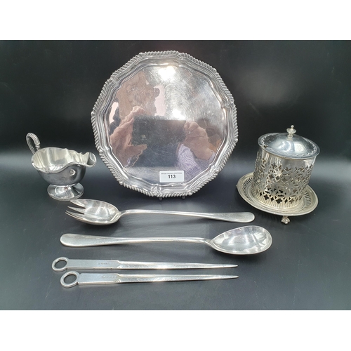 113 - Plated Items: Salver with gadroon rim, pair of Servers with rat tail bowl, Sauce Boat, two Meat Skew... 