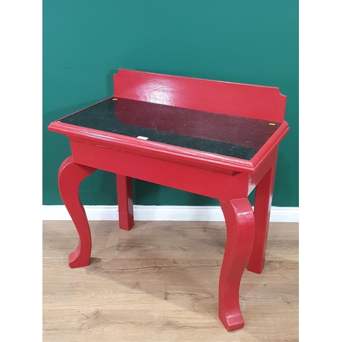 12 - A red painted Console Table with shaped raised back, inset granite top, on shaped front supports, 2f... 