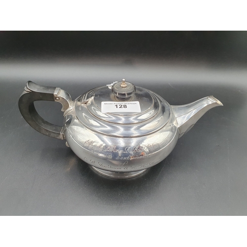 128 - A George VI silver Teapot of compressed circular form engraved presentation inscription, Birmingham ... 