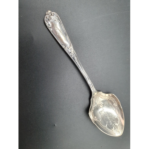 130 - A George V pair of Preserve Spoons, Butter Knife and Pickle Fork with scroll stems engraved initial ... 