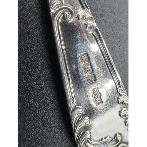 130 - A George V pair of Preserve Spoons, Butter Knife and Pickle Fork with scroll stems engraved initial ... 