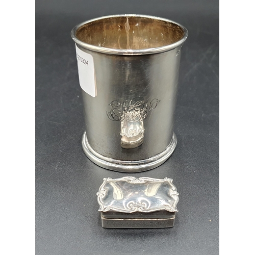 141 - An Edward VII silver Christening Mug engraved initials, Birmingham 1905 and Pill Box with scroll bor... 