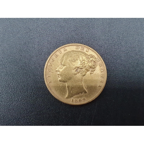 150 - A Victorian young head Sovereign 1869, and a 9ct gold Albert T Bar, total weight 13gms