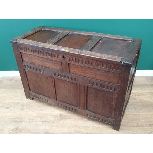 28 - An oak panelled Mule Chest utilising antique and later parts, 2ft 9