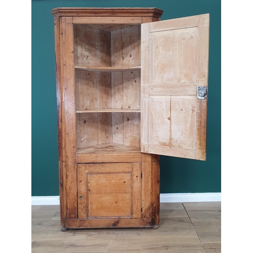 3 - A Standing Pine Corner cupboard fitted two cupboard doors raised on bun feet (one foot A/F) 6ft 5