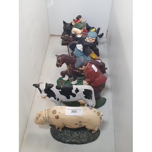 305 - Nine cast metal Door Stops in the form of a Pig, Cow, Golfer, etc. (R5)