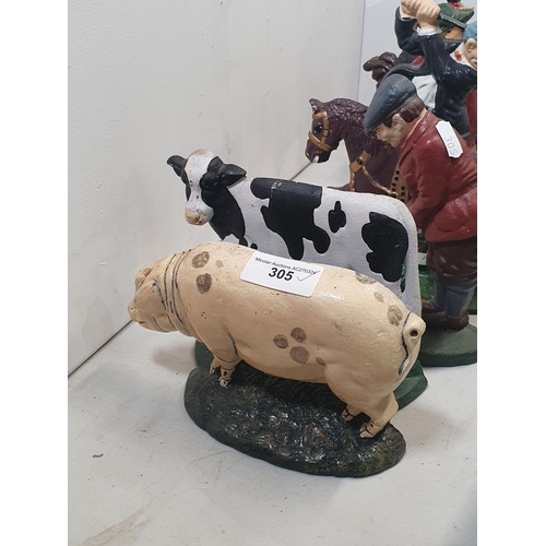 305 - Nine cast metal Door Stops in the form of a Pig, Cow, Golfer, etc. (R5)