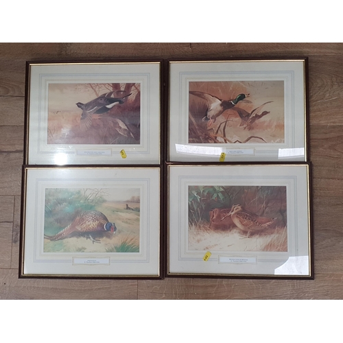 32 - A Globe in brass stand and four framed Archibald Thorburn Prints (R4)